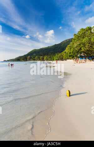 MAHE - AUGUST 08: Touristen und Einheimische am Beau Vallon Beach im Westen von Mahé, Seychellen, eine Kokosnuss im Vordergrund auf 8. August 2014 Stockfoto