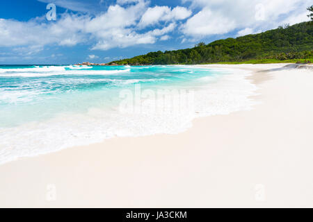 Tropischen weißen Traumstrand Anse Cocos in La Digue, Seychellen Stockfoto