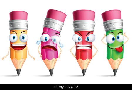 Vektor-Bleistift-Charakter oder bunte Maskottchen set mit Mimik, Emotionen und Gesten in weißen Hintergrund isoliert. Vektor-Illustration. Stock Vektor