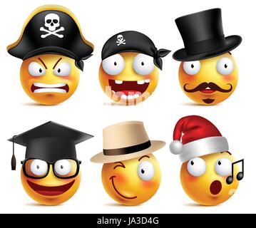 Smiley Gesicht Vektor-Set von lustigen zahnlose Piraten, Zauberer, Absolvent und Santa Claus mit Hüten, die isoliert in weiß. Vektor-Illustration. Stock Vektor