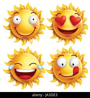 Sonnengesicht mit lustige Mimik für den Sommer. Satz von glänzenden Vektor-Illustration in weißen Hintergrund isoliert Stock Vektor