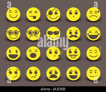 Gelbe Smileys Gesichter Symbol und Emoticons mit Mimik und Emotionen in flachen Papier Schneiden Kreis. Vektor-Illustration. Stock Vektor