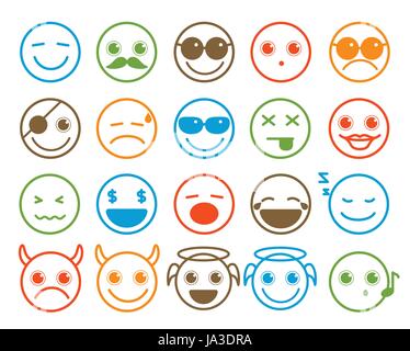 Smileys Emoticon-Vektor-Icons set im Kreis-Taste, flache Linie mit bunten Gesichtsausdruck in weißem Hintergrund. Vektor-Illustration. Stock Vektor