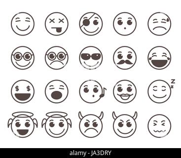 Smileys Gesichter flache Linie Vektor-Icons set mit lustigen Mimik im schwarzen Kreis in weißen Hintergrund isoliert. Vektor-Illustration. Stock Vektor