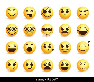 Smiley faces Vektor Emoticons set mit lustigen Mimik in der gelben Farbe in weißen Hintergrund isoliert. Vektor-illustration Stock Vektor