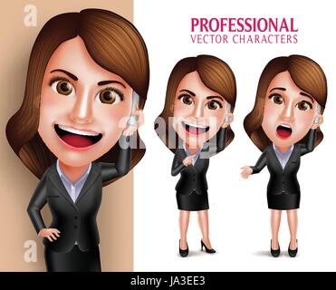 Vektor-Set berufstätige Frau Charakter mit Business-Outfit glücklich lächelnd während des Gesprächs im Handy in weißen Hintergrund isoliert. Stock Vektor