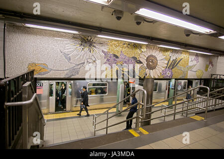 Mosaik-Kunst auf dem Display an der Haltestelle 77th Street der IRT Lexington Avenue Line auf der Upper East Side von Manhattan, New York City. Stockfoto