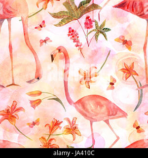 Eine nahtlose Hintergrundmuster mit Vintage-Stil Aquarell Zeichnungen von Flamingo Vögel, Ricinus Blumen, Lilien und Schmetterlinge, auf ein Pastell rosa text Stockfoto