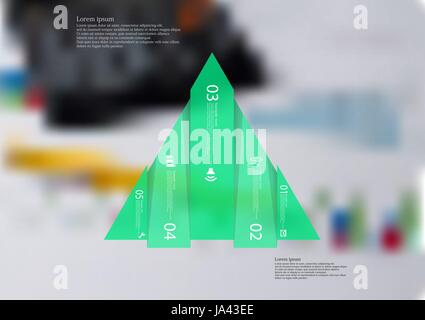 Illustration-Infografik-Vorlage mit dem Motiv des Dreiecks vertikal aufgeteilt auf fünf verschobenen grüne Abschnitte mit einfachen Zeichen, Nummer und Beispieltext. B Stock Vektor