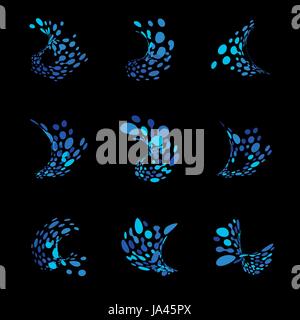 Abstrakte Logos von Punkten in Form von einer Ozeanwelle. Reihe von blauen Icons von verzerrten Punkten. Liquid Splash-Vektor-illustration Stock Vektor