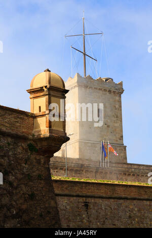 Vedette und Wachturm, Castell de Montjuic, Barcelona, Katalonien, Spanien Stockfoto