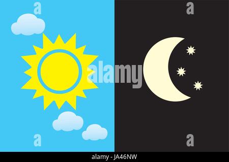 Vektor-Illustration von Tag und Nacht. Tag und Nacht Konzept, Sonne und Mond, Tag und Nacht Wolken und Sterne Symbol Stock Vektor