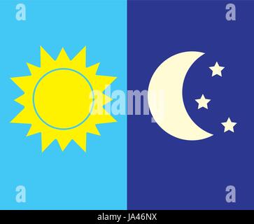 Vektor-Illustration von Tag und Nacht. Tag und Nacht Konzept, Sonne und Mond, Tag und Nacht Wolken und Sterne Symbol Stock Vektor