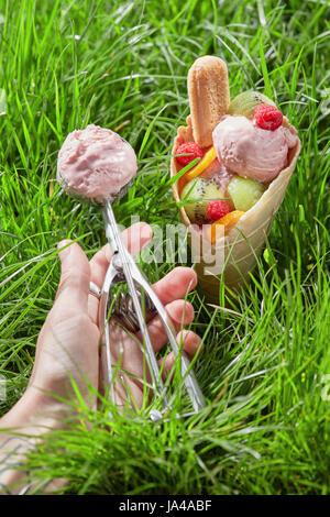 Frisches Eis mit Himbeeren Obst und Gebäck in einem Waffelhörnchen. Die Hand einer Frau hält einen Metalllöffel mit Beeren-Eis auf einem Hintergrund Stockfoto