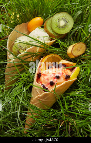 Verschiedenen Eis in der Waffel Kegel mit Beeren und frischen Früchten Banane, Kiwi, orange auf einem Hintergrund von grünem Rasen Stockfoto