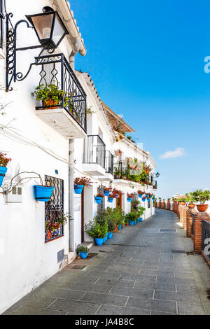 Gehweg mit Blumentöpfen auf der Wand in das weiße Dorf von Mijas Costa del Dol, Andalusien, Spanien, Europa Stockfoto