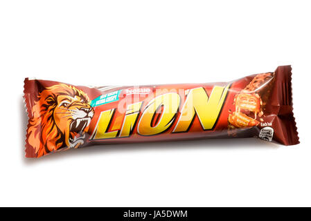 Nestle Lion Bar, Ausschneiden oder isoliert auf einem weißen Hintergrund. Stockfoto