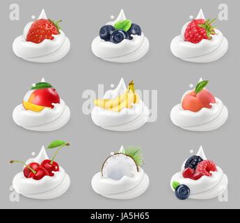 Geschlagene Sahne mit Früchten und Beeren, 3d Vektor Icon-set Stock Vektor