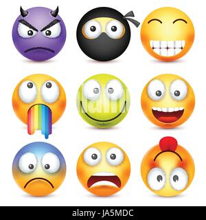 Smiley-Set. Teufel, fröhlich, ängstlich, traurig Emoticon. Gelbes Gesicht mit Emotionen. Gesichtsausdruck. 3D realistisch Emoji. Lustige Comic-Figur. Stimmung. Web-Symbol. Vektor-Illustration. Stock Vektor