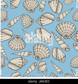 Seashell handgezeichneten Kollektion aquatische Doodle-Vektor-Illustration. Nahtlose Skizzieranordnung. Stock Vektor