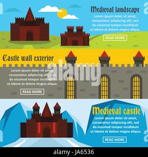 Mittelalterliche Burg Banner horizontal gesetzt, flachen Stil Stock Vektor