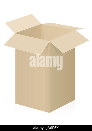 Big Box - aufrechte Paket- oder Container mit offenem Verdeck für Post, Lieferung oder Versand-dreidimensionale Abbildung auf weißem Hintergrund. Stockfoto