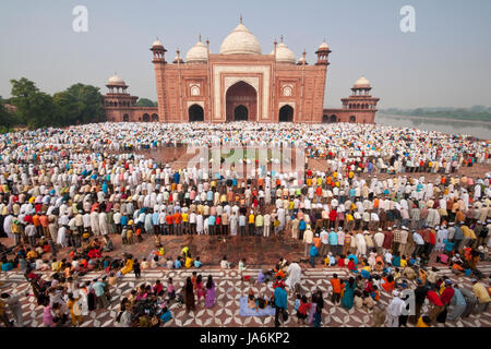 Tausende versammeln sich vor der Moschee am Taj Mahal, das moslemische Festival von Eid Ul-Fitr in Agra, Uttar Pradesh, Indien zu feiern. Stockfoto