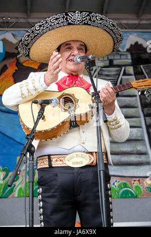 Live-Musik. Mexikanischer Sänger, Mariachi-Musiker, der eine mexikanische Vihuela-Gitarre spielt und bei einem Festival singt, das die Klänge, Kultur und Musik Mexikos zelebriert, männlicher Sänger, Darsteller, traditionelle mexikanische Musik, Mariachi-Darsteller. Stockfoto