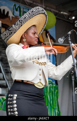 Live-Musik. Mariachi-Geigerin, dunkelhäutige junge Musikerin, die einen mexikanischen Mariachi-Sombrero trägt, gekleidet mit traditioneller mexikanischer Mariachi-Kleidung. Stockfoto