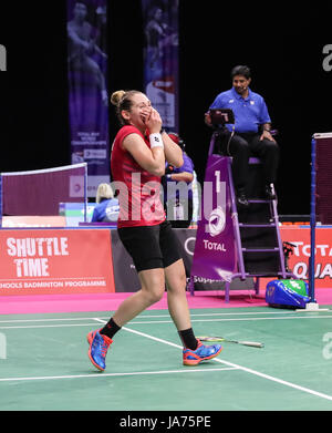 (170825) - Glasgow, Aug 25, 2017 (Xinhua) - kirsty Gilmour von Schottland reagiert, nachdem der Frauen singles dritte runde Spiel gegen Er Bingjiao von China an der BWF Badminton-WM in Glasgow, Großbritannien, am 12.08.24, 2017. Kirsty Gilmour gewann 2-1. (Xinhua / Shan) (Yuqi xyw) Stockfoto