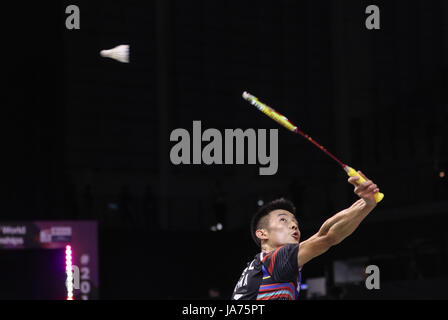 (170825) - Glasgow, Aug 25, 2017 (Xinhua) -- chen Lange von China konkurriert bei der Men's singles dritte runde Spiel gegen Ajay Jayaram von Indien auf der BWF Badminton-WM in Glasgow, Großbritannien, am 12.08.24, 2017. Chen Lange gewann 2-0. (Xinhua / Shan) (Yuqi xyw) Stockfoto