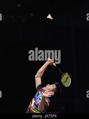 (170825) - Glasgow, Aug 25, 2017 (Xinhua) -- chen Lange von China konkurriert bei der Men's singles dritte runde Spiel gegen Ajay Jayaram von Indien auf der BWF Badminton-WM in Glasgow, Großbritannien, am 12.08.24, 2017. Chen Lange gewann 2-0. (Xinhua / Shan) (Yuqi xyw) Stockfoto