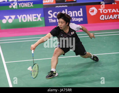 (170825) - Glasgow, Aug 25, 2017 (Xinhua) - akane Yamaguchi Japan konkurriert während der Frauen singles dritte runde Spiel gegen Chen Yufei in China an der BWF Badminton-WM in Glasgow, Großbritannien, am 12.08.24, 2017. Chen Yufei gewann 2-0. (Xinhua / Shan) (Yuqi xyw) Stockfoto