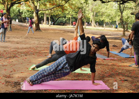 Eine Gruppe von indischen Jugendlichen Cubbon Park, Bangalore, Indien Yoga bei Stockfoto