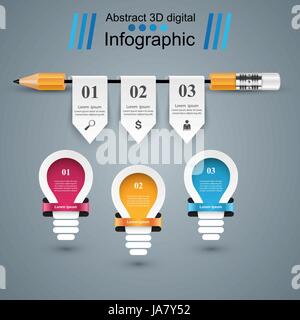 Infografik-Bildung. Lampe, Licht, Bleistift-Symbol. Stock Vektor