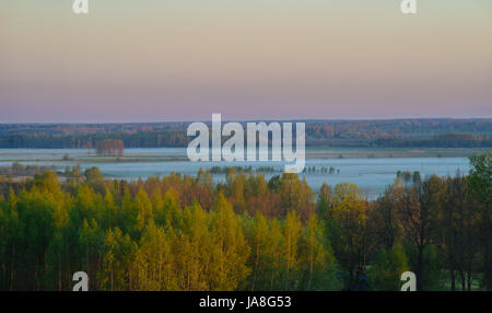 Wunderschönen Sonnenaufgang über Felder und Wälder bis zum Frühling nebligen Morgen. Landkreis Tartu, Estland Stockfoto