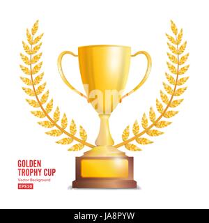 Goldene Trophäe Cup mit Lorbeerkranz. Design Award. Gewinner-Konzept. Isolated On White Background. Vektor-Illustration. Stock Vektor