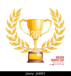 Goldene Trophäe Cup mit Lorbeerkranz. Design Award. Gewinner-Konzept. Isolated On White Background. Vektor-Illustration. Stock Vektor