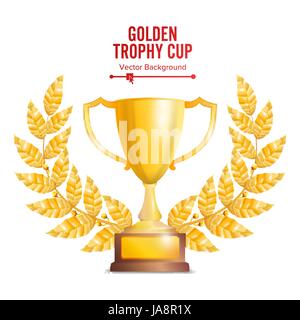 Goldene Trophäe Cup mit Lorbeerkranz. Design Award. Gewinner-Konzept. Isolated On White Background. Vektor-Illustration. Stock Vektor