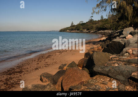 Woody Point, Redcliffe, Australien: Felsenküste der Moreton Bay am Gayundah Arboretum Stockfoto