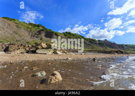 Frankreich, Calvados, Villers-sur-Mer, wild natürliche geologische Standort Des Falaises de Vaches Noires, (Klippen der schwarzen Kühe) Stockfoto