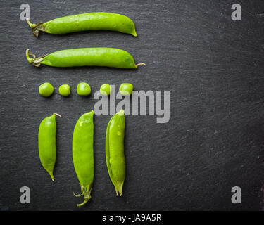 Offene und geschlossene Pellets von grünen Erbsen auf einem schwarzen Stein Hintergrund. Frisches Obst. Die Ernte. Ansicht von oben. Stockfoto