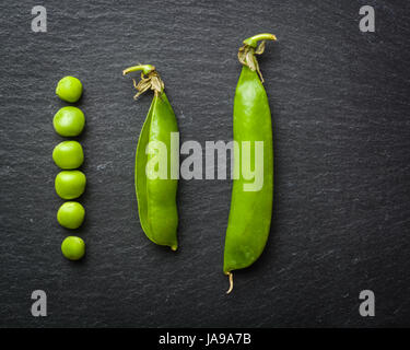 Offene und geschlossene Pellets von grünen Erbsen auf einem schwarzen Stein Hintergrund. Frisches Obst. Die Ernte. Ansicht von oben. Stockfoto