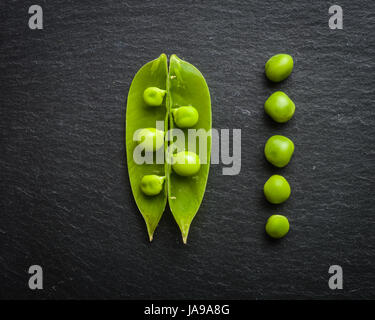 Offene und geschlossene Pellets von grünen Erbsen auf einem schwarzen Stein Hintergrund. Frisches Obst. Die Ernte. Ansicht von oben. Stockfoto