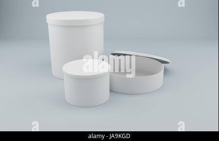 Weiße Runde 3d Verpackung für Produkte. Auf grauem Hintergrund. 3D-Rendering. Stockfoto