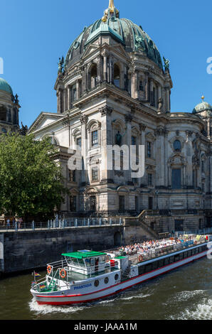 River cruise Boot vor dem Berliner Dom (Berliner Dom) am Museum Island (Museumsinsel), Mitte, Berlin, Deutschland Stockfoto