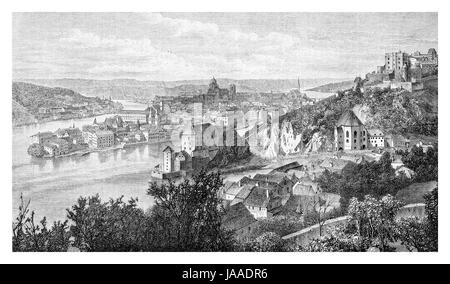 Panoramablick auf od Passau, Bayern - Gravur aus XIX Jahrhundert Stockfoto
