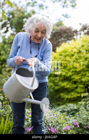 Ältere Frau, die Blumen im Garten gießen Stockfoto