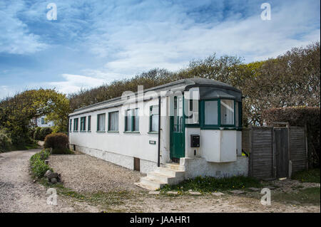 Hausgemachtes aus einer alten Eisenbahn Carraige, Selsey Bill, West Sussex Stockfoto