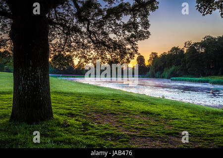 Ein Sommer Sonnenaufgang über dem See bei Lydiard Park in Swindon, Wiltshire. Stockfoto